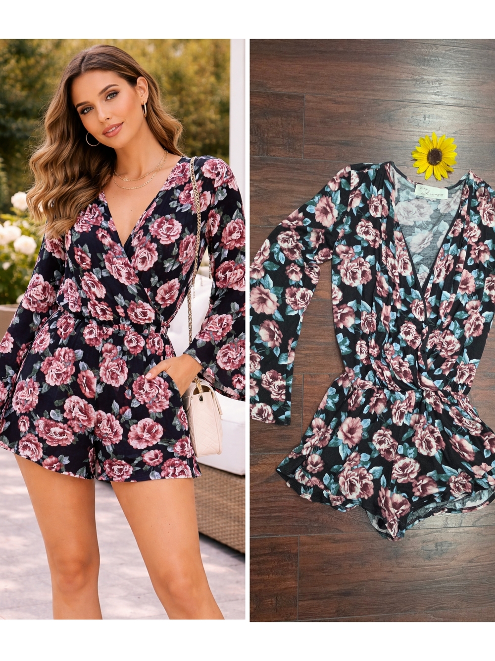 Vintage Havana Black Floral V-Neck Long Sleeve Romper with Pink Blooms